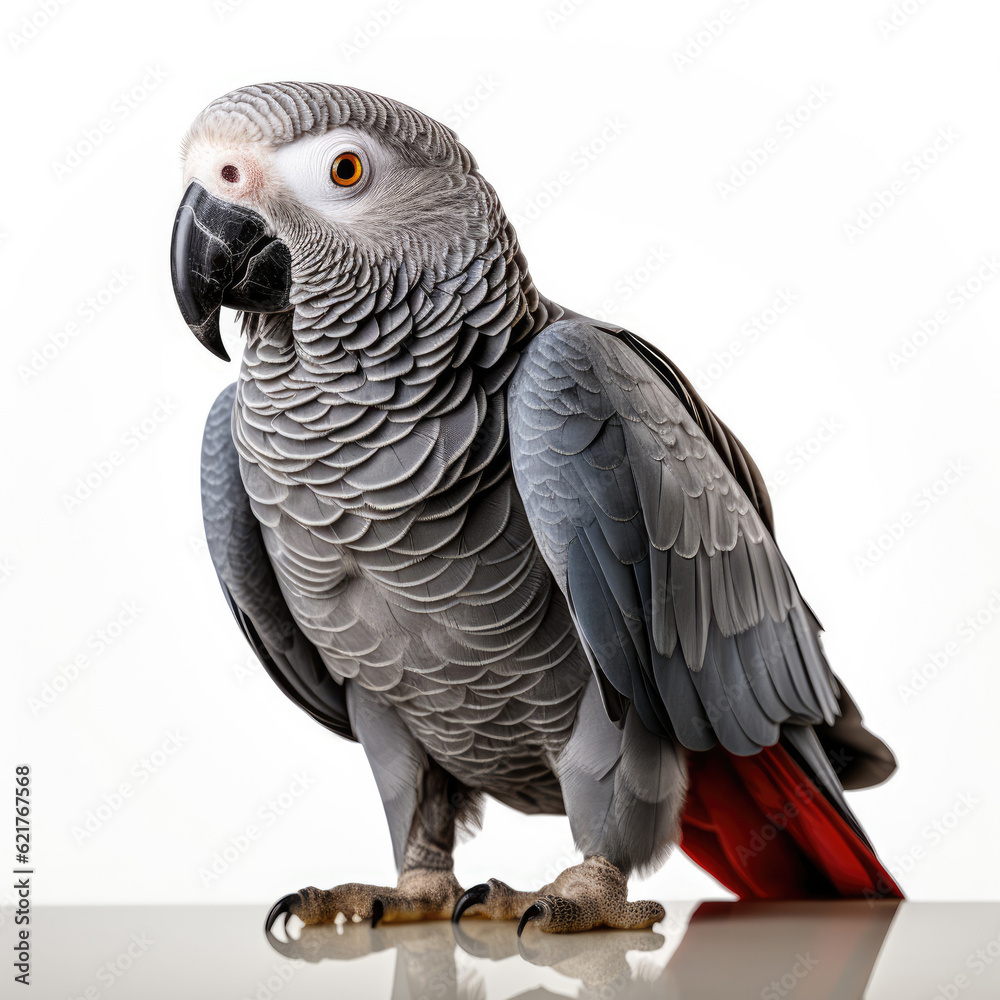 An exotic African Grey Parrot (Psittacus erithacus) perched majestically.