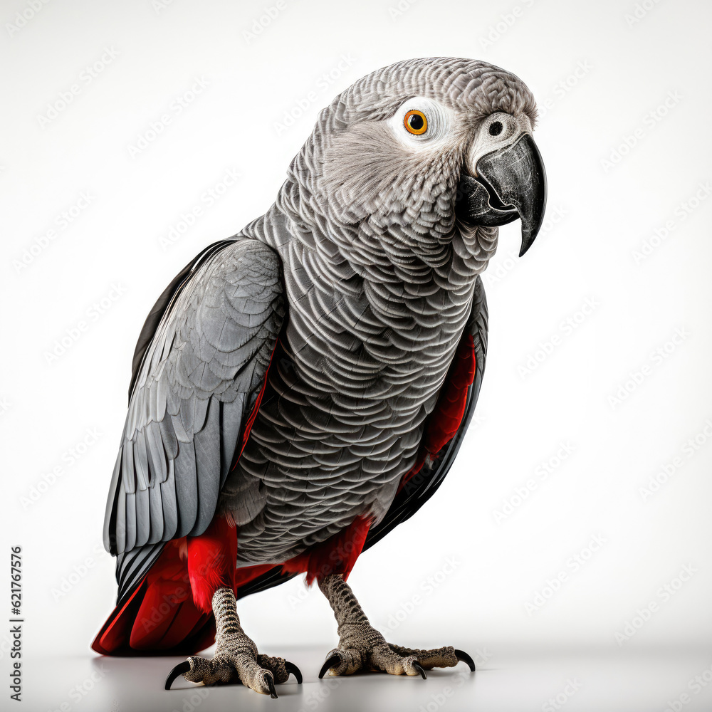 An exotic African Grey Parrot (Psittacus erithacus) perched majestically.