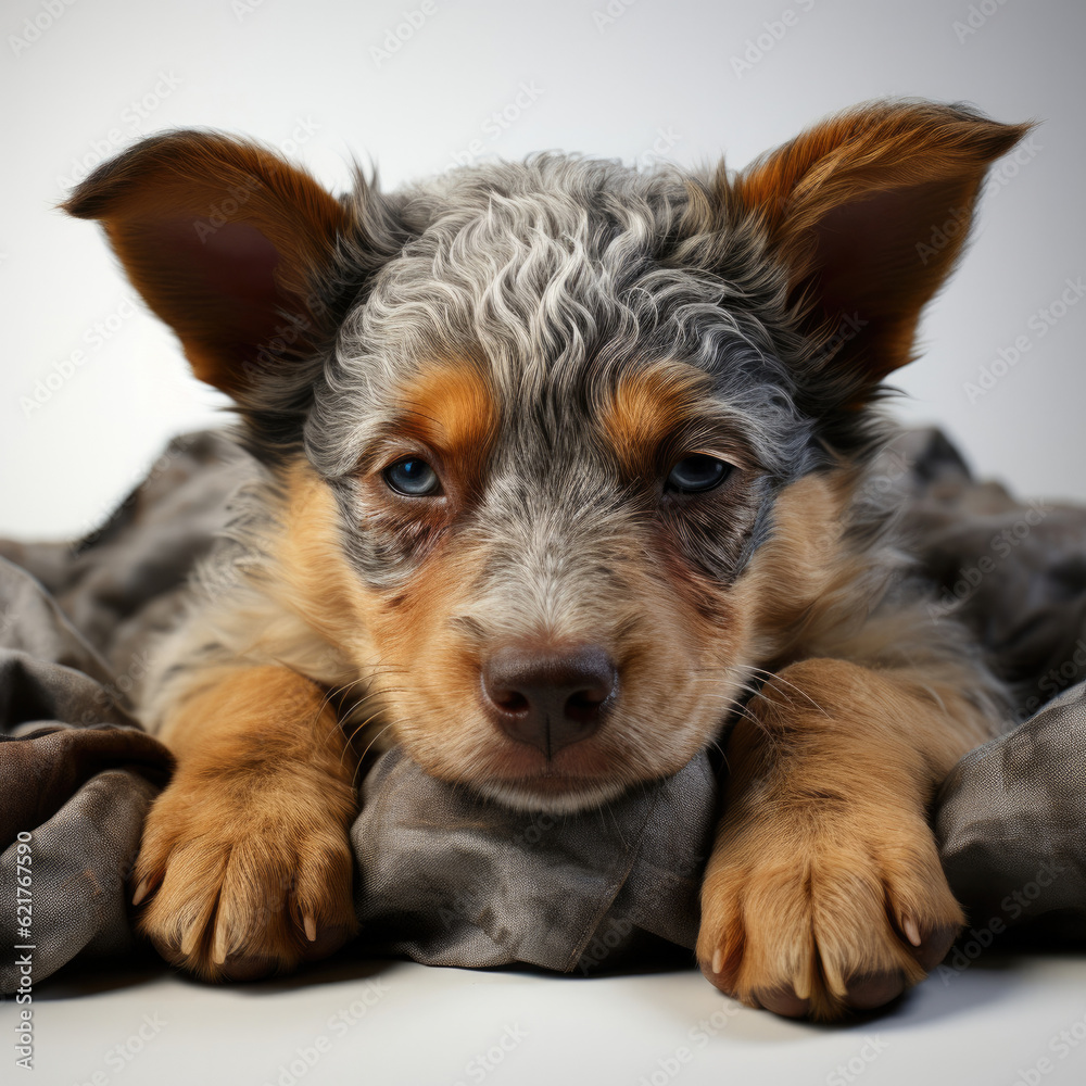 A Blue Heeler puppy (Canis lupus familiaris) curled up in a cozy sleeping position.