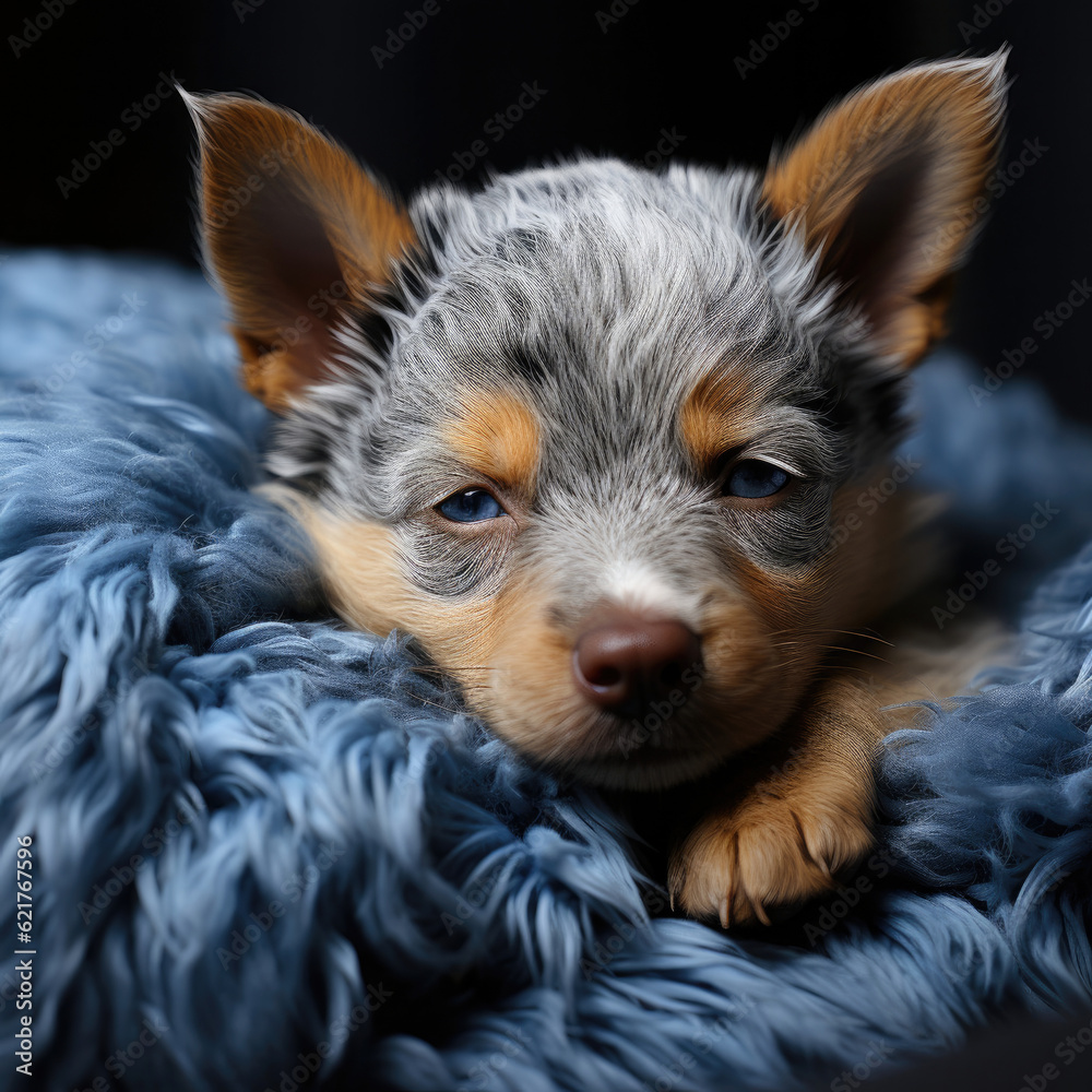 A Blue Heeler puppy (Canis lupus familiaris) curled up in a cozy sleeping position.