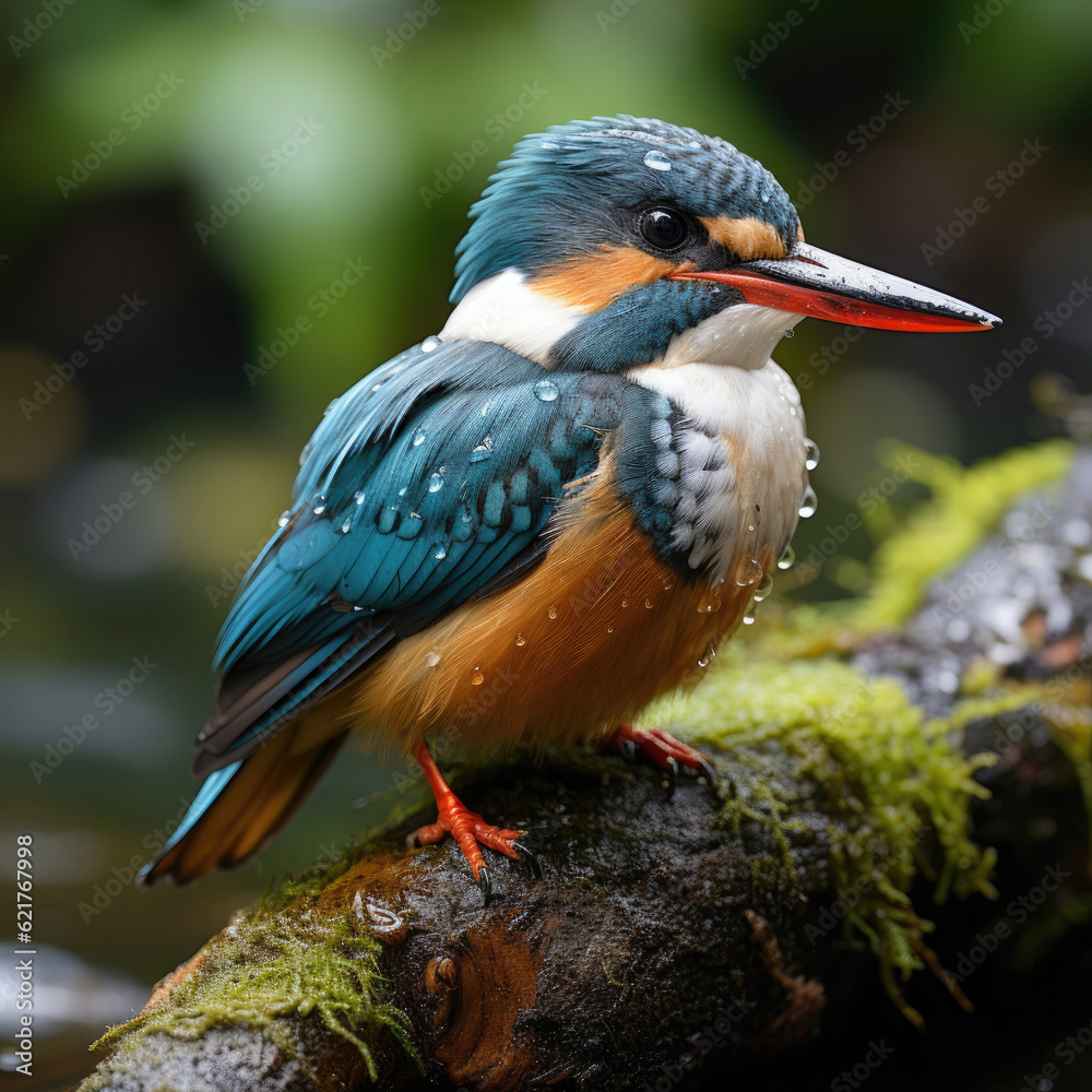 A colorful kingfisher (Alcedinidae) resting near a flowing stream in the rainforest.