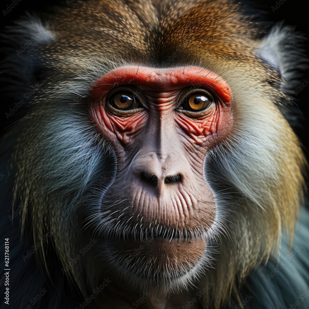 A powerful closeup shot of a mandrill (Mandrillus sphinx) displaying its vibrant colors and striking