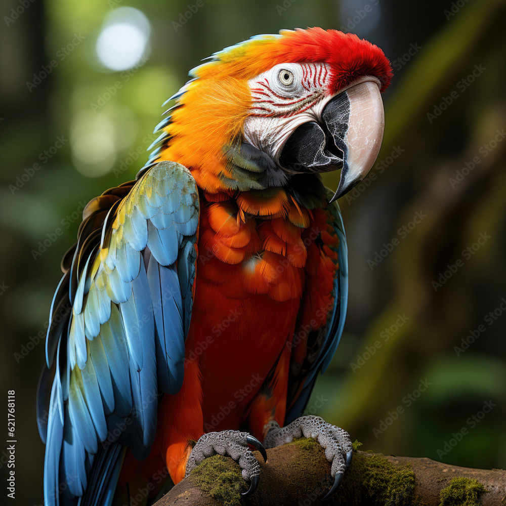 A vibrant macaw (Ara macao) perched on a branch in its lush rainforest habitat.