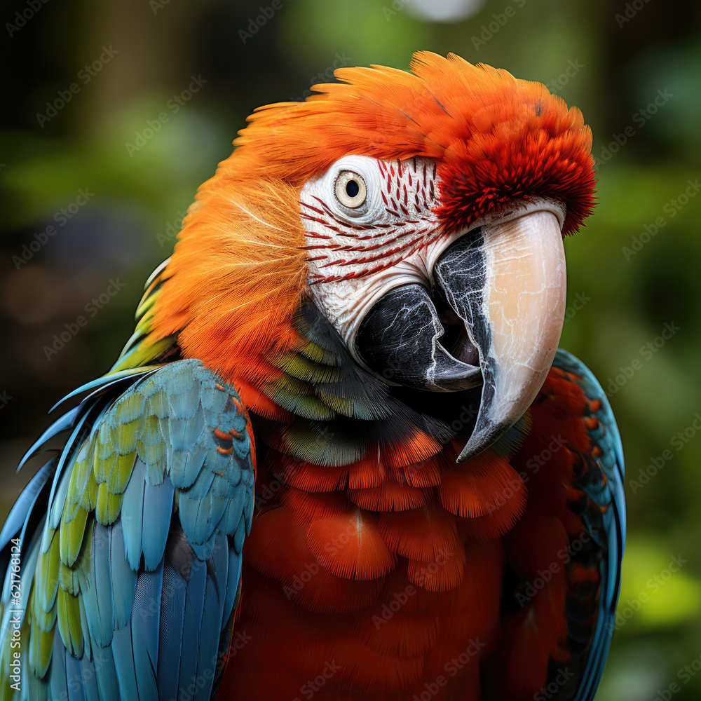 A vibrant macaw (Ara macao) perched on a branch in its lush rainforest habitat.