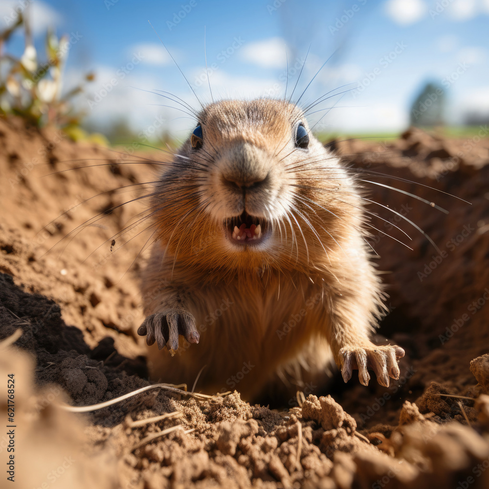 A playful prairie dog (Cynomys) popping out of its burrow in the grassland. Taken with a professiona