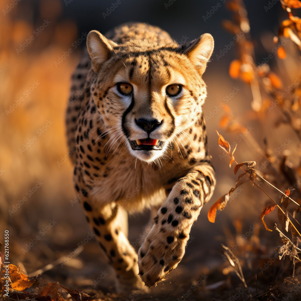 A graceful cheetah (Acinonyx jubatus) sprinting across the open grassland with incredible speed. Tak