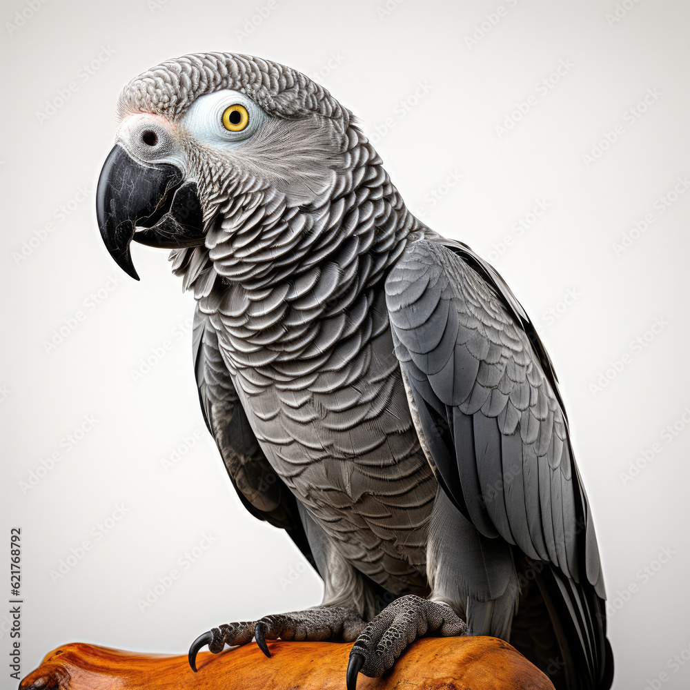 An exotic African Grey Parrot (Psittacus erithacus) perched majestically.