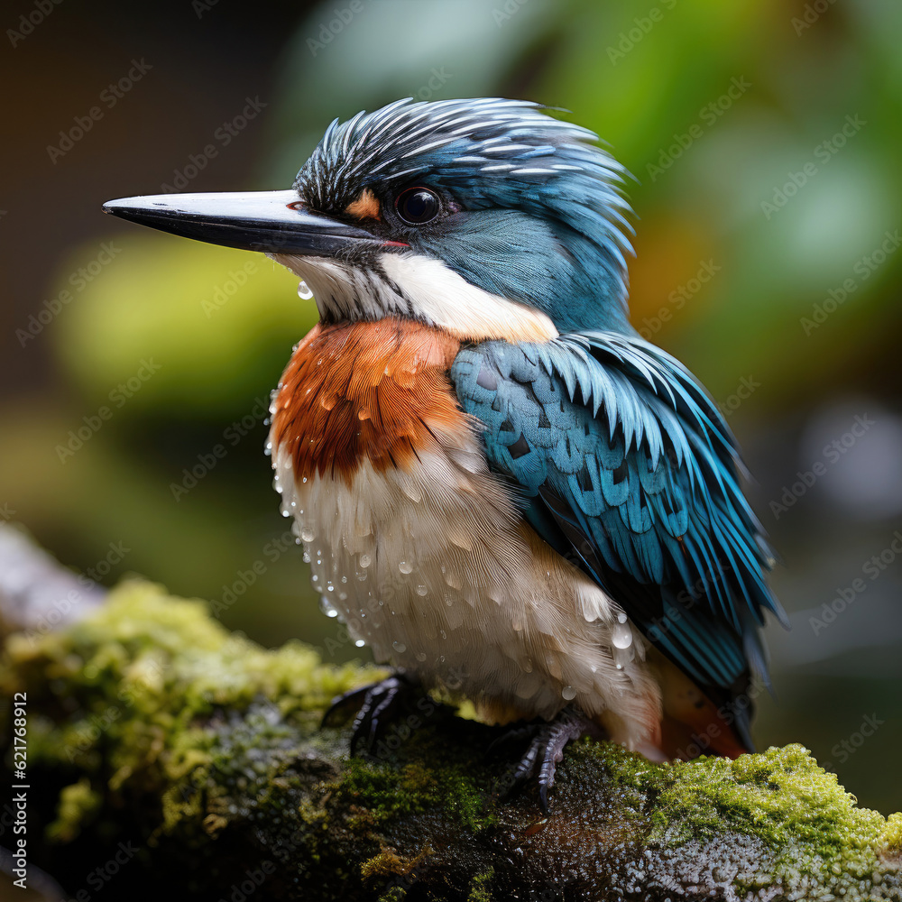 A colorful kingfisher (Alcedinidae) resting near a flowing stream in the rainforest.