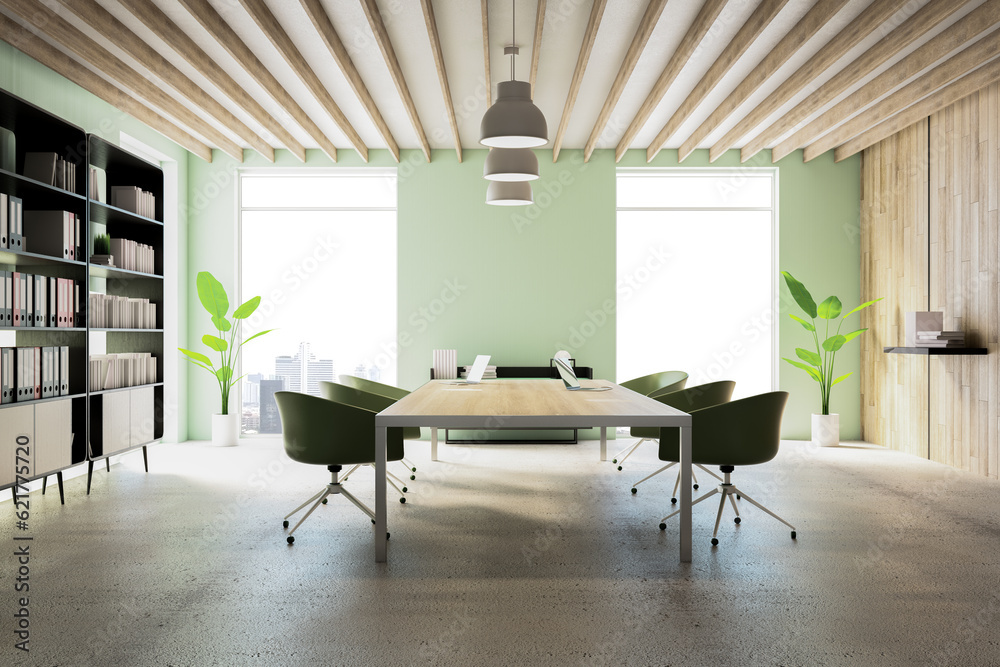 Modern office coworking interior with large wooden desk, armchairs, concrete floor and window, workp