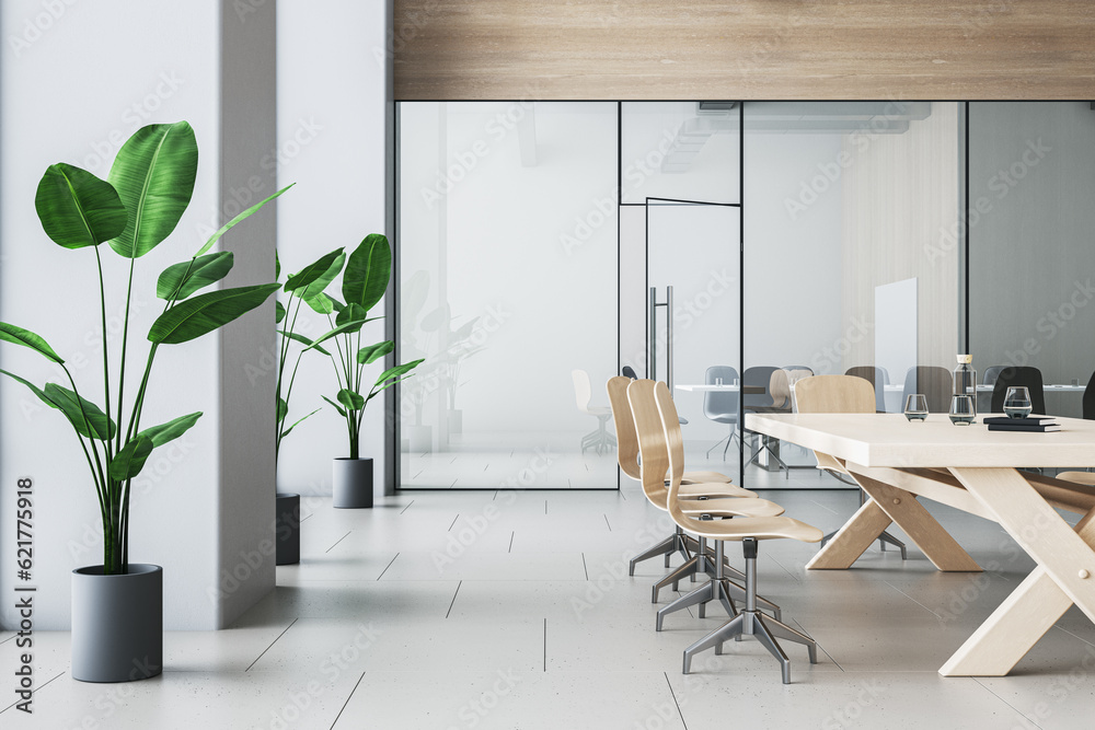 Contemporary meeting room interior with table and chairs, decorative plant in pots. 3D Rendering.