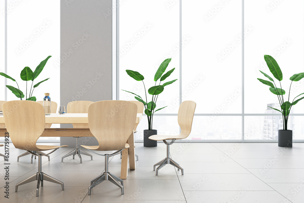 Clean contemporary meeting room interior with table and chairs, decorative plant in pots. 3D Renderi