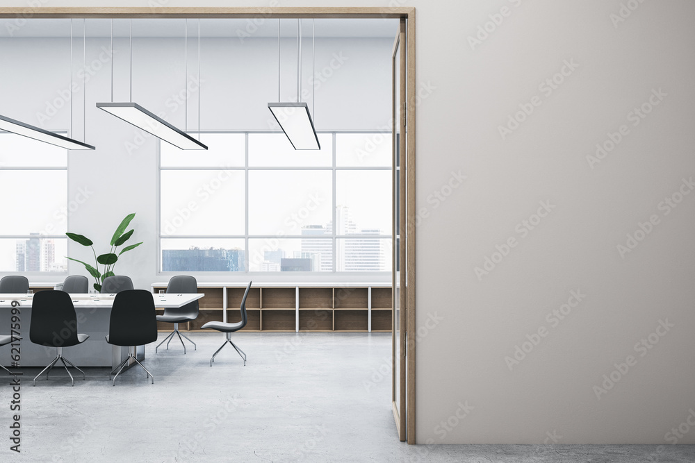 Modern concrete meeting room office interior with blank mock up place on wall, window and city view,