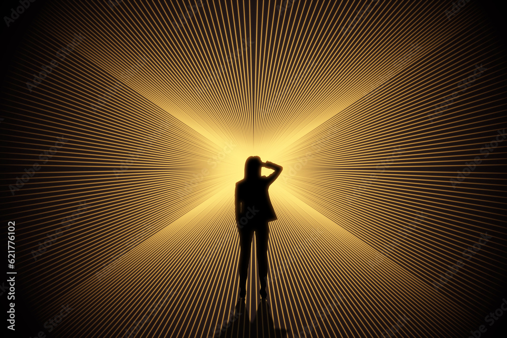 Conceptual image of woman silhouette on bright lines background. Success, metaverse and direction co