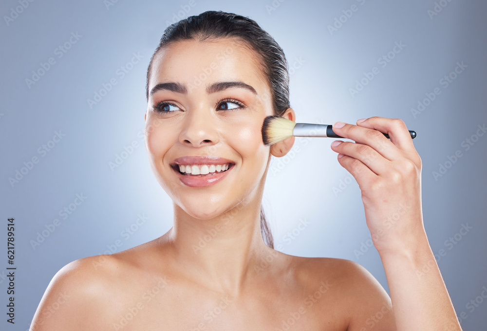 Makeup, brush and happy asian woman studio with cheek tool, cosmetics and application on grey backgr