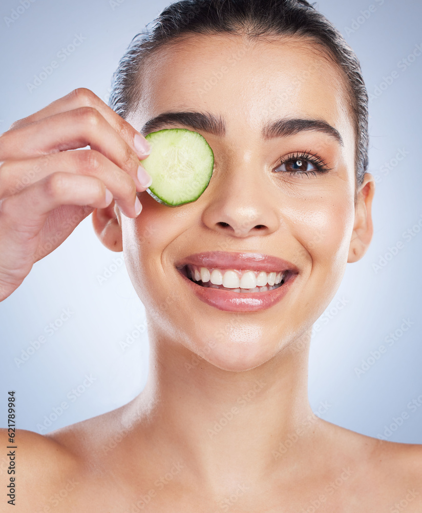 Cucumber, skincare and asian woman portrait in studio happy for wellness or anti aging on grey backg