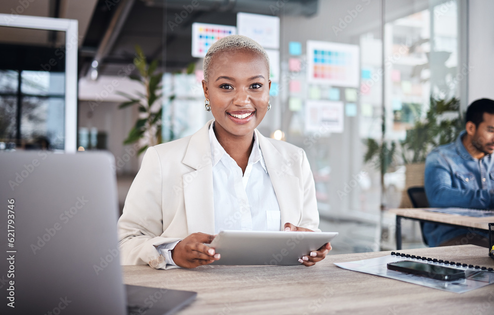 Portrait of happy woman at desk in coworking space with tablet, laptop and work at design agency. Bu