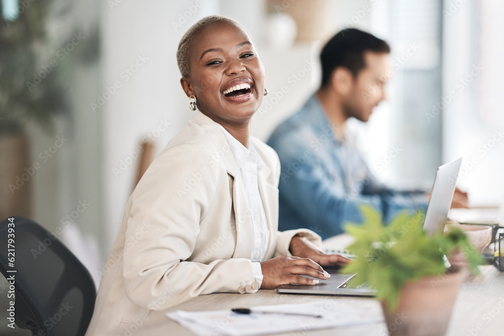 Portrait, employee and black woman with a laptop, funny and business with marketing expert, staff an