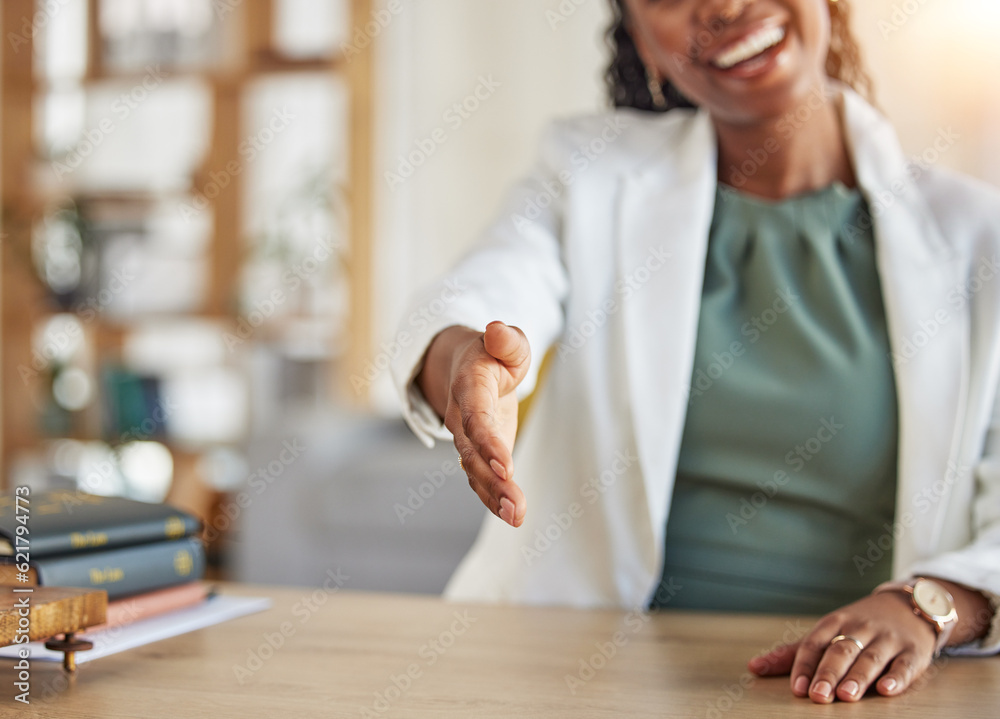 Handshake, offer and closeup of woman for business networking, thank you or HR interview. Corporate 