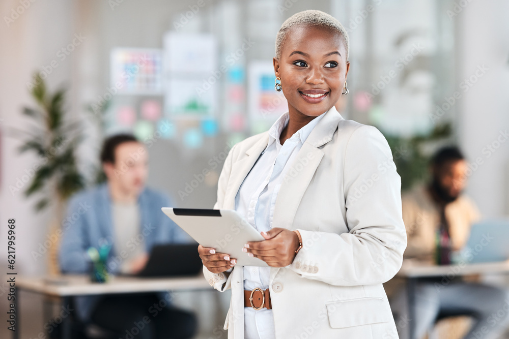 Smile, tablet and black woman in office with mockup, leadership and startup business ceo at agency. 