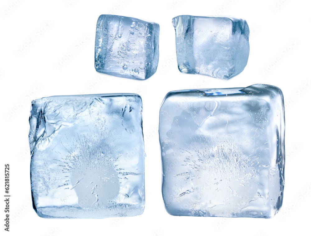 ice cubes with impurities and bubbles isolated on white background.