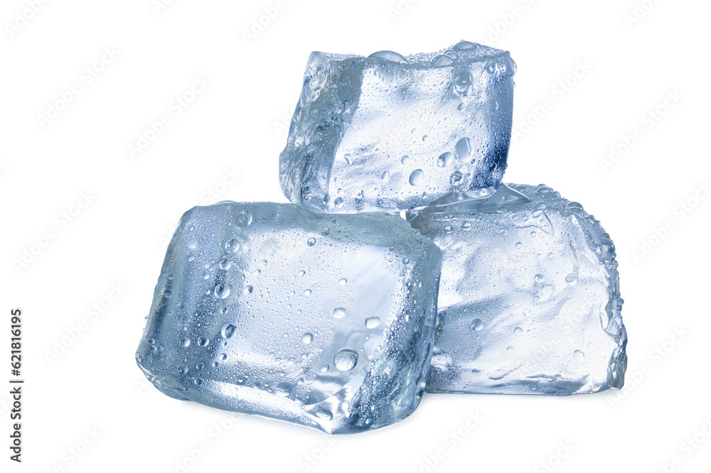 melting ice cubes with water drops isolated on white background.