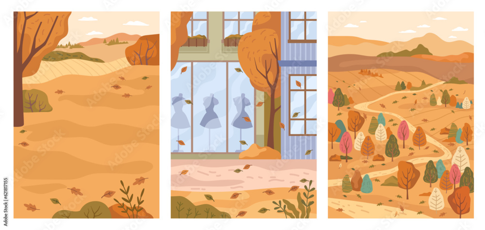 Autumn landscape backgrounds set. Vector nature with falling yellow leaves, shop window with mannequ