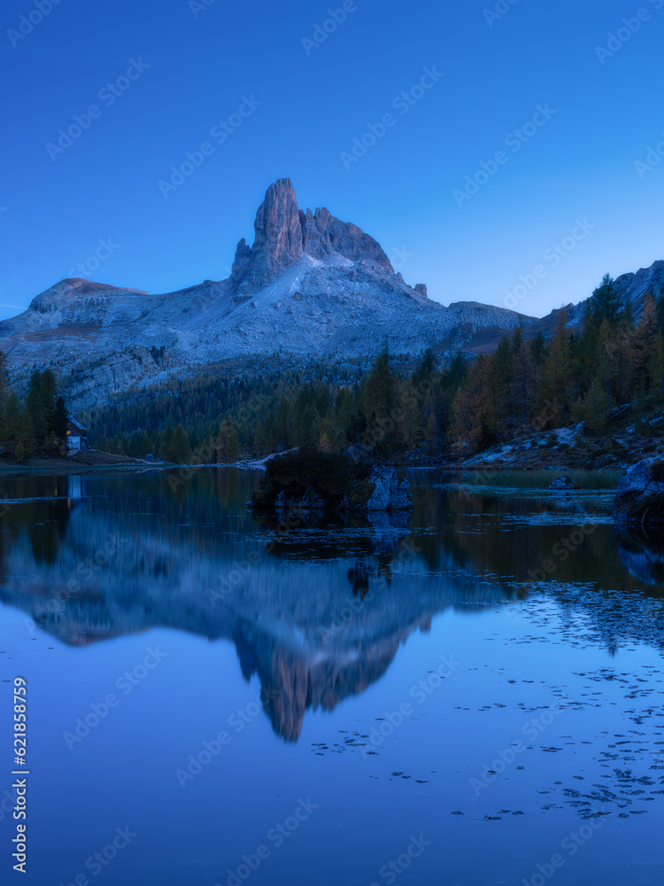 Lago Federa, Dolomite Alps, Italy. High mountains and reflection on the surface of the lake. A place