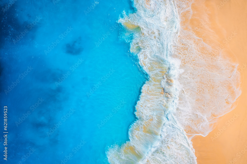 Coast as a background from top view.  Waves and beach. Aerial landscape. Azure water background from