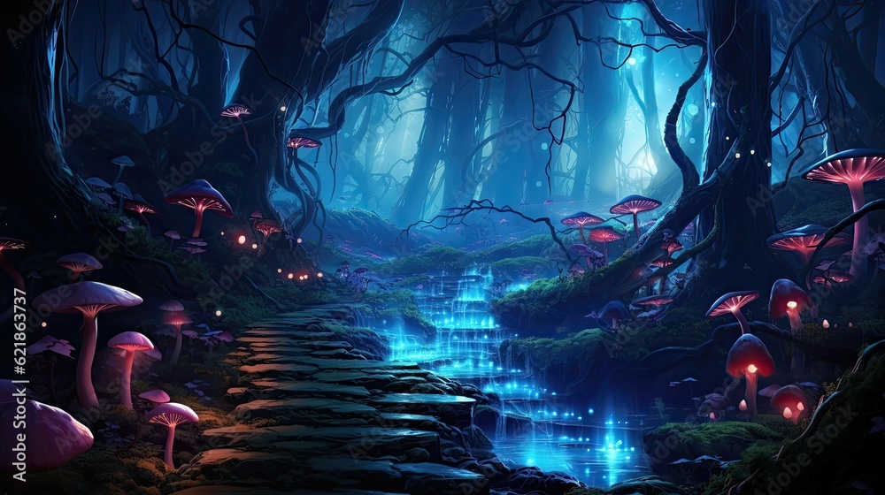 Stone path through bioluminescent fantasy forest