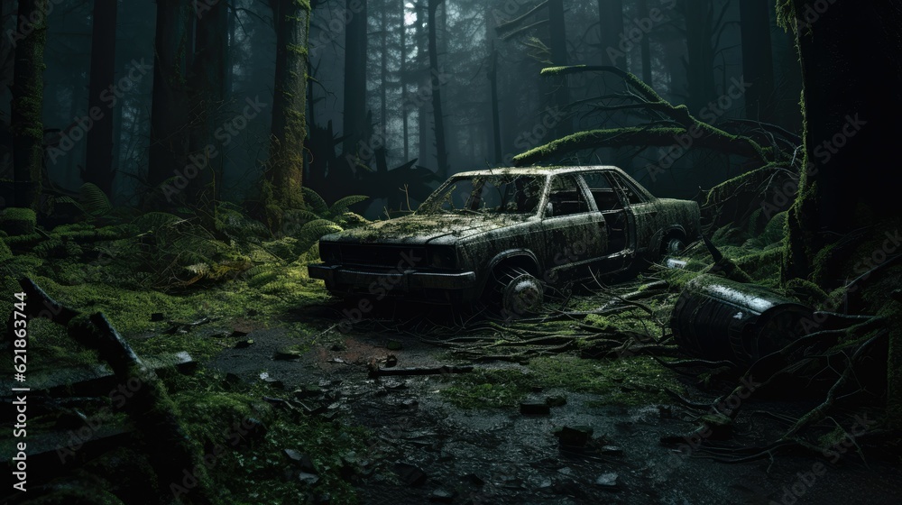 abandoned car wreck without lamps, in the middle of a dark forest with moss