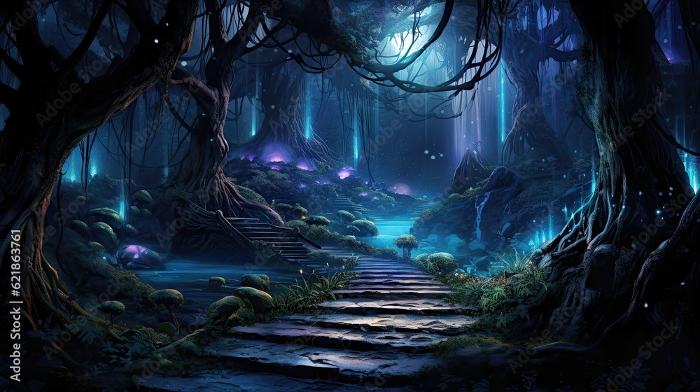 Stone path through bioluminescent fantasy forest