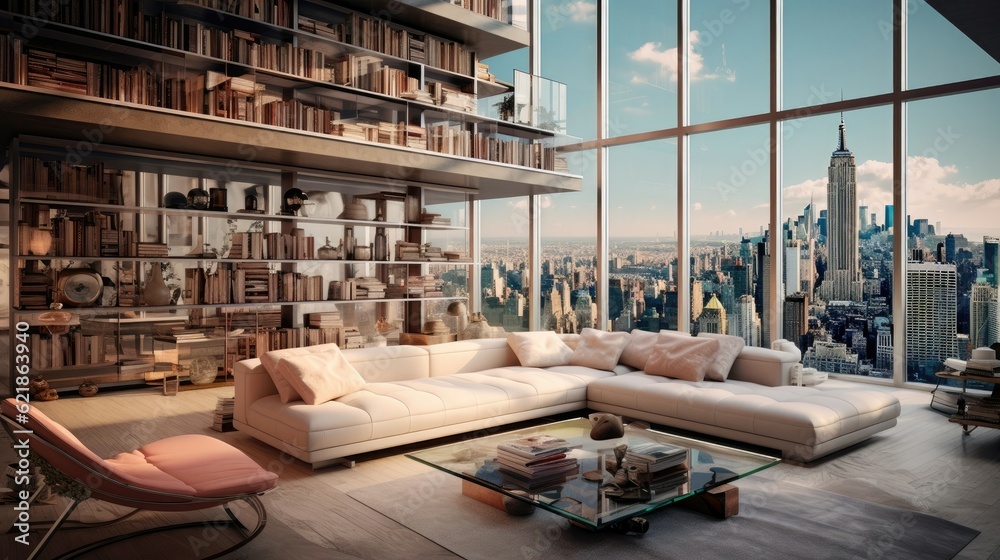 new york ultra modern cyber futuristic interior studio apartment, multi level floors, tall ceiling, 