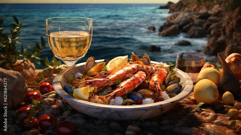 greek sea food dishes with amphora with wine