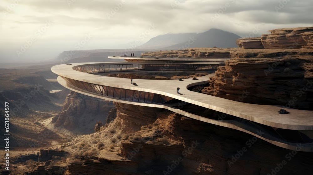 horizontal futuristic architecture on the cliff ,desert cliff mountain, impossible structure