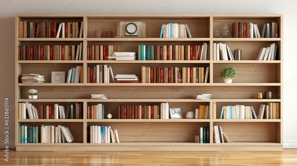 library shelves with books, Pure solid wood full-wall bookshelf