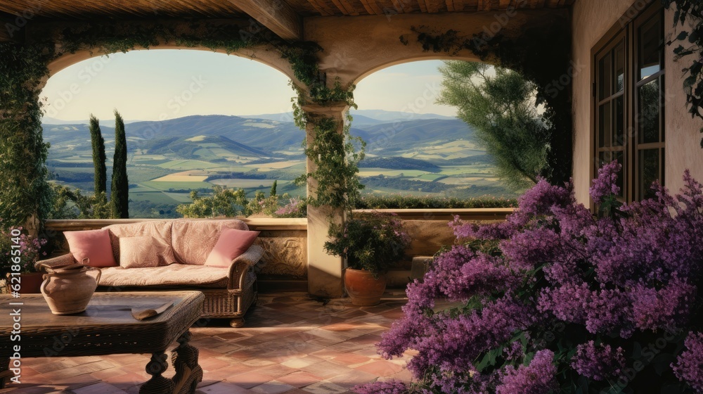 a tiled veranda with lavender shrubs overlooking Tuscany rolling hills with vinyards and country hom