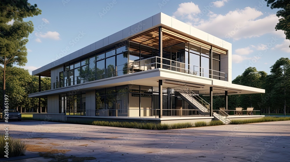 two story modern small industrial minimalist design style office building, incorporate glass element