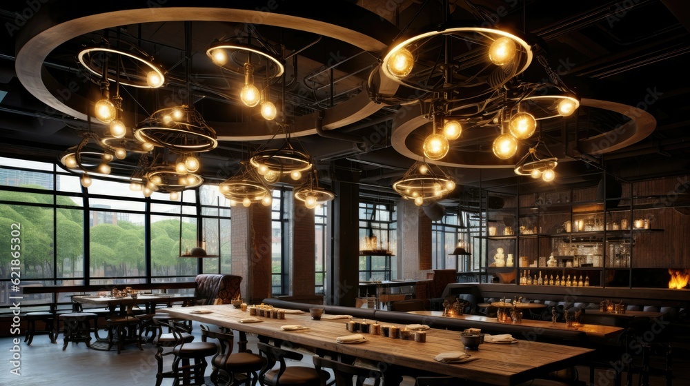 Several circular five headed chandeliers are hung in the industrial style restaurant, with several r