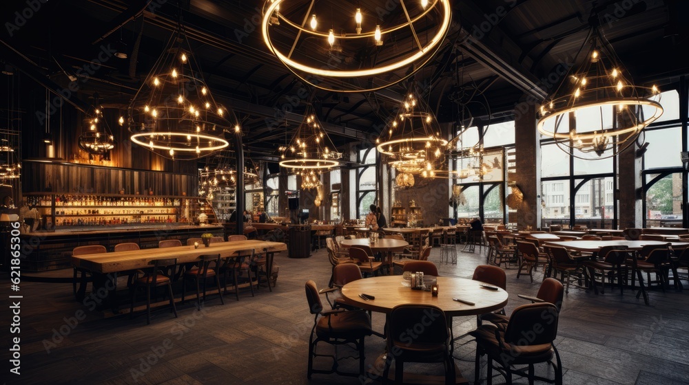 Several circular five headed chandeliers are hung in the industrial style restaurant, with several r