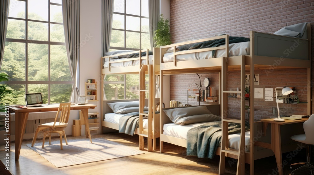 four-person student dorm room, bunk bed, neat and clean, minimalist styling, realistic and hyper-det