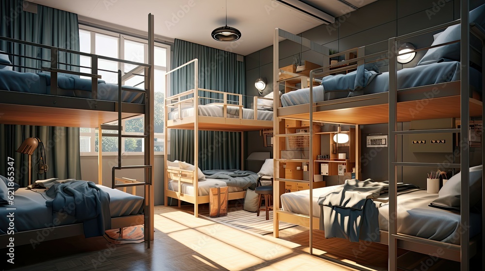 four-person student dorm room, bunk bed, neat and clean, minimalist styling, realistic and hyper-det