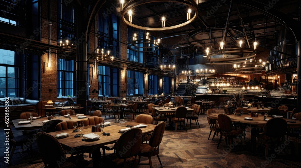 Several circular five headed chandeliers are hung in the industrial style restaurant, with several r