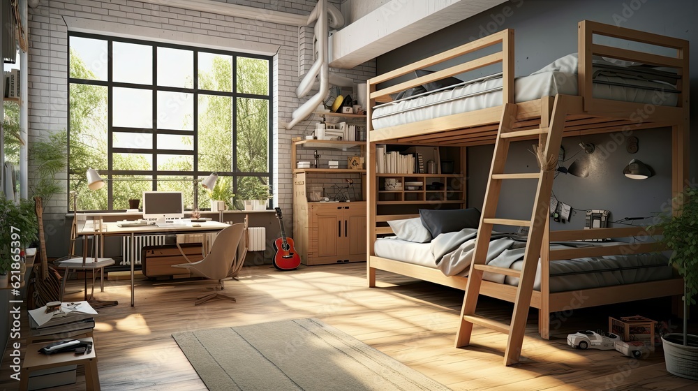 four-person student dorm room, bunk bed, neat and clean, minimalist styling, realistic and hyper-det