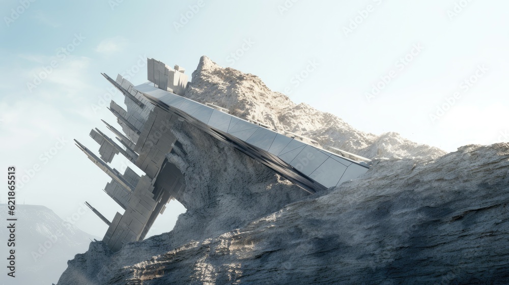 a artificial structure on the edge of a cliff integrated into the terrain in a spiky light gray conc