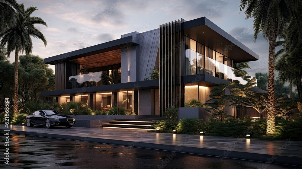 Spacious villa exterior dark modernism, sheer and opaque, nature inspired, mood lighting, linear ele