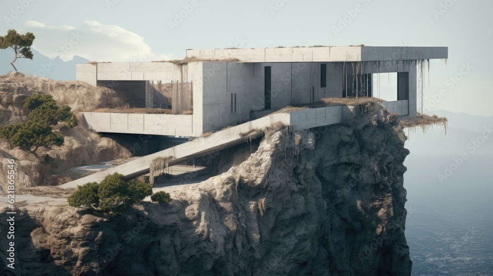 a artificial structure on the edge of a cliff integrated into the terrain in a spiky light gray conc