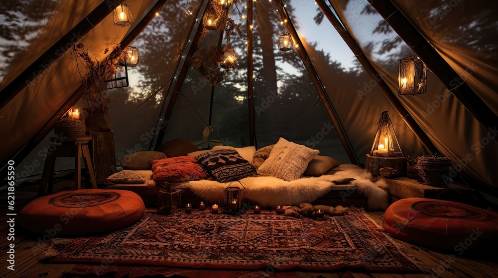 Amazing view of a old traditional teepee, many cushions on the ground, rugs, ambient lighting, roman