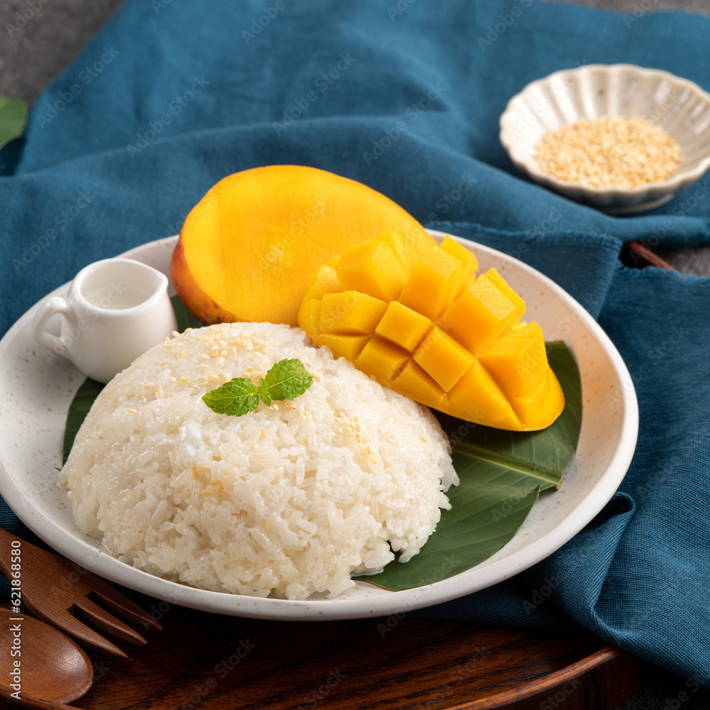 Delicious Thai mango sticky rice with cut fresh mango fruit in a plate.