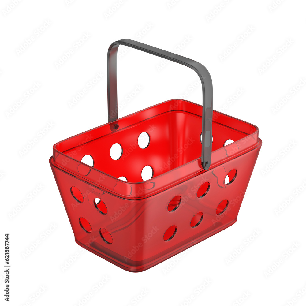 Empty red plastic shopping basket on transparent background