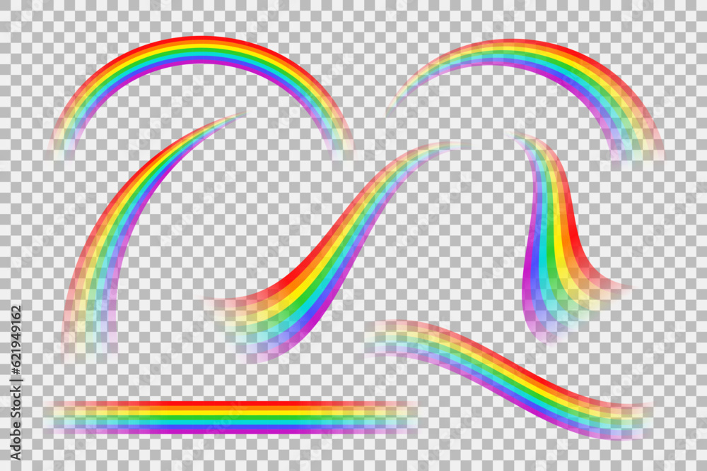 Striped rainbow arc, stripe and wave with transparency effect set. Vector